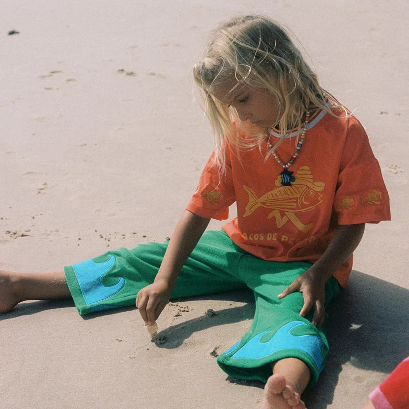 Child sitting on a sandy beach wearing an orange shirt with a fish design and green pants.